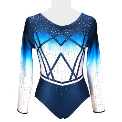 China latest high quality 250gsm fabric kids competition dancer tights for gymnastics blue long sleeve gym tights custom your own design logo for sale