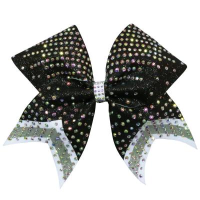 China wholesale 250gsm fabric full glitter material black rhinestone Cheerleading hair bow your own Logo Perfessional Cheer Team Hair bow for sale