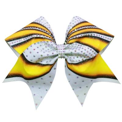 China 250gsm Fabric New Design Cheerleader Hairring Fashion Cheer Handmade Big Hair Bow Metallic Hair Bow Gold To White Gradient for sale