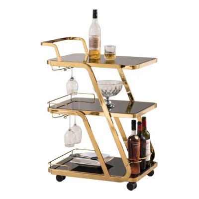 China Wine with Bar Hotel Beverage Trolley Serving Cart Luxury Gold Food Cart with Three Layers C721-9 for sale