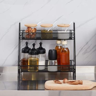 China Sustainable Black Metal Mesh Wire Bathroom Kitchen Storage Shelf 2 Tier Countertop Spice Rack for sale