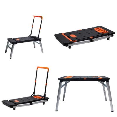 China Hotels 7-in-1 Folding Multifunctional Portable Workbench Worktable and Sawhorse with Quick Clamps/Scaffolding Platform/Creeper/Hand Car for sale