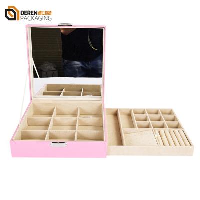 China Pink Diy Wooden Desktop Box Jewelry Storage Cosmetic Stored Organizer With Mirror for sale