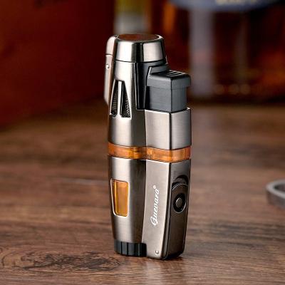 China Safety Butane Gas Torch Lighter With Holder Metal Alloy Jet Flame Windproof Torch Lighter Cigar Lighter for sale