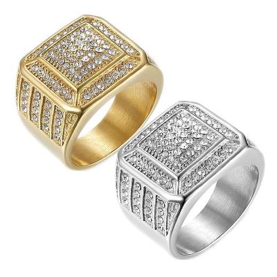 China Luxury Lead Free Nickel Free Stainless Steel Iced Out Vacuum Gold Plated CZ Micro Pave Diamond Hip Hop Mens Rings For Men for sale