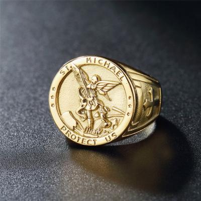 China Saint MIchael Men Ring 18k Gold St Michael Catholic Jewelry Ring Stainless Steel Arkhangel Medal Gold Hiphop Hip Hop Coin Design for sale