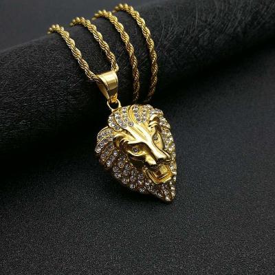 China Hiphop 18K Gold Plated Stainless Steel CZ Diamond Pave Lion Head Men's Jewelry Necklace Hip Hop for sale