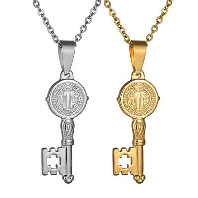 China Vintage Religious Jewelry Jesus Cross Gold Plated Stainless Steel Key Pendant Necklace for sale