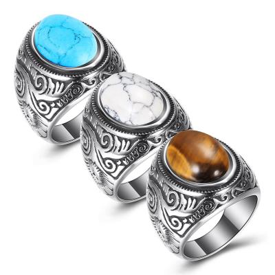 China Custom Engraved Turkish Rings Men's Custom Engraved Turkish Gemstone Jewelry Factory Direct Selling Vintage Stainless Steel Silver Ring With Turquoise for sale