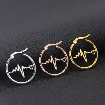 China Fashion Geometric Heartbeat Earrings Women Initial Letter Women Yellow Gold Hoop Earring Custom TRENDY ECG Stainless Steel Gold for sale