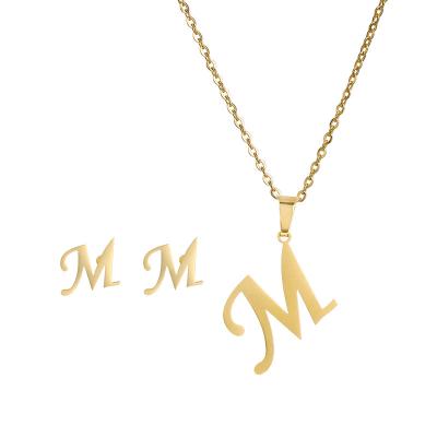 China Custom CLASSIC A-Z Necklace Earrings Stainless Steel 18K Dubai Initial Letter Gold Plated African Letter M Pendant Fashion Jewelry Set for sale