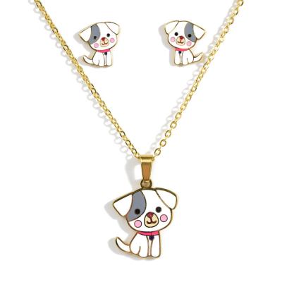 China CLASSIC High Quality Enamel and 18K Gold Animal Cute Dog Jewelry Kids Stainless Steel Necklace Pendant Jewelry Set for Kids for sale