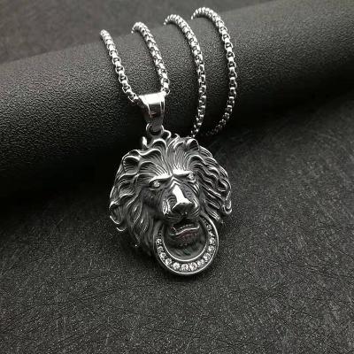 China New Product CZ Charms Pendant Hip Hop Stainless Steel Animal Punk Retro Polished Men's Diamond Lion Necklace Key Pendant for sale