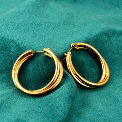 China Wholesale FASHIONABLE Female Single Double Thick Wire Hoop Earrings Shape 18k Gold Chunky Big Hoop Earrings Korean Stainless Steel For Women for sale