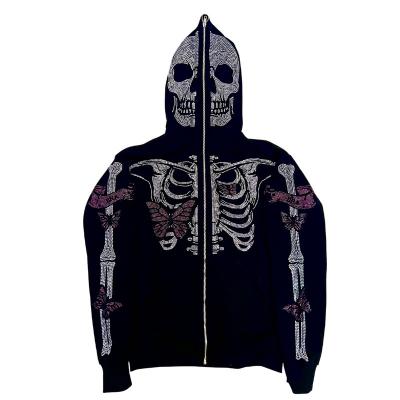 China Hot Selling Skeleton Hoodie Men's Heavyweight Anti-wrinkle Halloween Skull Rhinestone Printing Full Face Zipper Up Hoodies And Sweatshirts for sale