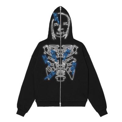 China Anti-wrinkle RTS Halloween Neon Hoodie Men's Skull Skeleton Rhinestone Zipper Hot Drill Face Full Zip Hoodies and Sweatshirts for sale