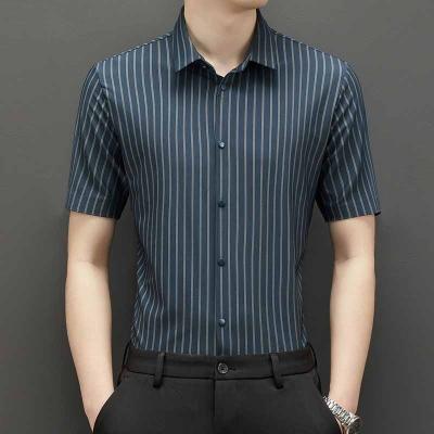 China High Seamless Men's Short Sleeve Shirts Anti-pilling Daily Casual Thin Shirts Cotton And Polyester Summer Ice Silk Elastic Stripe for sale