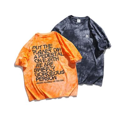 China Custom Washed Color Block Tie Dye Tees Anti-Wrinkle Unisex Distorted Letter Low Logo Blast Print Tees for sale