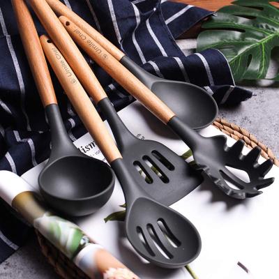 China Duerer Silicone Cookware Stocked Set, Kitchen Utensils 12 Sets Cooking Spatula Turner Heat Resistant Tools with Wooden Handle for sale