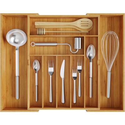 China Sustainable Premium Bamboo Expandable Adjustable Cutlery For Utensil, Flatware, Silverware Kitchen Organizer Storage Dividers Drawer for sale