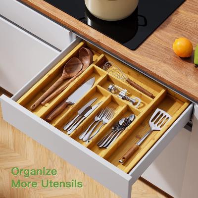 China Expandable Drawer Kitchen Adjustable Utensil Holder Bamboo Organizer for Tray Flatware Silverware Jewelry Bamboo Cutlery Drawer for sale