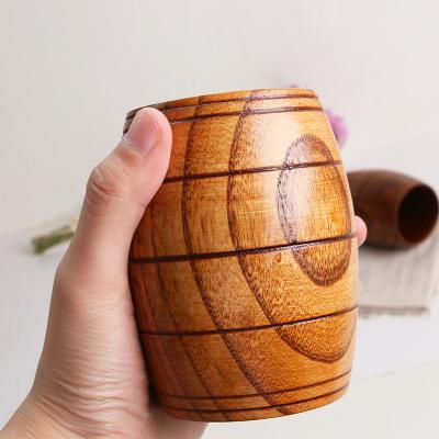 China Custom Disposable Disposable Eco Friendly Old Carpenter Logo Barrel Shaped Solid Wood Vintage Water Beer Wooden Drinking Mug for sale