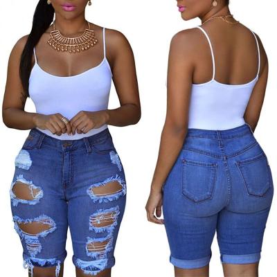 China Anti-wrinkle summer denim shorts women skinny jeans with holes waist blue top ripped ladies abbreviations for sale