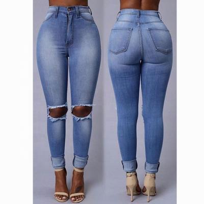 China 2022 QUICK DRY casual pencil denim pants women ripped high waist stretch jeans pants for sale