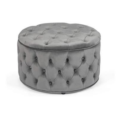 China Simple Elegant Amazon Velvet Round Storage Stool Comfortable Velvet Button Tufted Stool Gray for sale