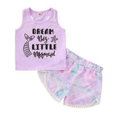 China Children's Casual I-shaped Vest Costume Mermaid Scale Pom Pom Shorts Outfits Girls Clothing Top Set for sale