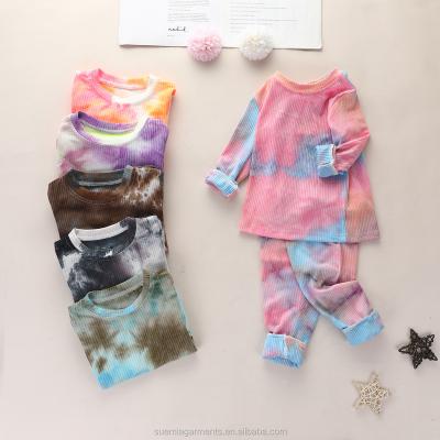 China Spring Autumn Children Girls Boys Long Sleeve Tie Dye Casual Pajamas Teams Ribbed Kids Lounge Set for sale