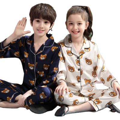 China Children Boys Girl Casual Cartoon Bear Autumn Satin Sleepwear Nightgowns Children Silk Pajamas for sale