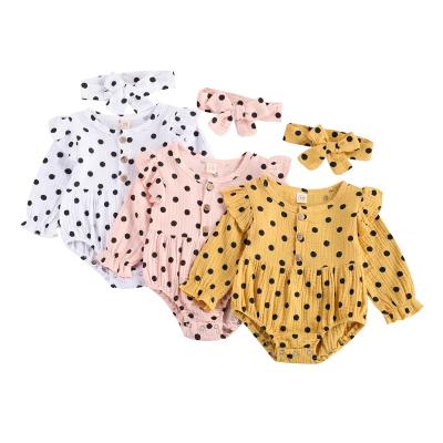 China 95% Cotton Lovely Newborn Babies Polka Dot Print Ruffles Long Sleeve Baby Romper with Headband for sale