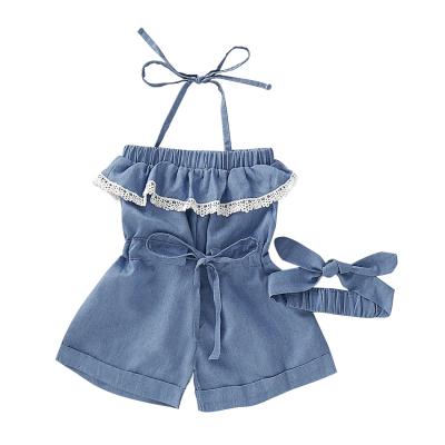 China Breathable Toddler Kids Clothes Overalls Girls Halter Lace Trim Ruffle Ruffle Romper Denim One Piece Overalls for sale