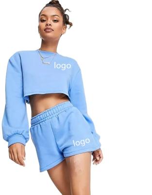 China Custom Workout Women's Anti-Wrinkle Logo Cotton Sweatsuit Short Set Two Piece Shorts Pants Set Jogger Crop Top for sale