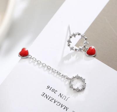 China Wholesale Red Heart Asymmetric Stud 925 Sterling Silver Women's Earrings Jewelry Trendy Trendy for sale