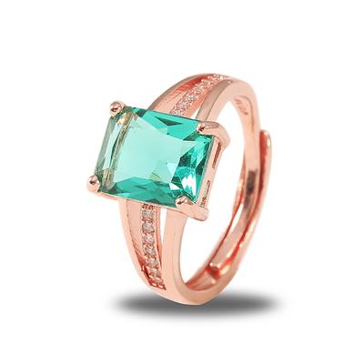 China Top Quality Rose Gold Plated Resizable Women's Green Rectangular Religious Wedding Brass ZIRCON Ring Jewelry for sale