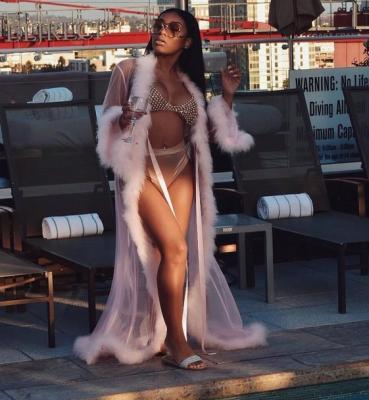 China Hot New Arrival Custom Made Spandex Womens Valentines Day Lingerie Bathrobe Long Set Sexy Womens Lingerie Long Robe Fur Trim for sale