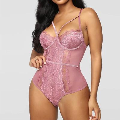 China Hot Selling Teddy Women Sexy Open Back Lace OEM/ODM Lace Lingerie Bodysuit Transparent Adjustable Light Pink Polyester Slim Waist Support Lingerie for sale