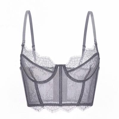 China Breathable French eyelashes lace up thin sexy ultra-thin breathable underwear vest style transparent bra for sale