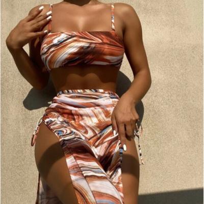 China Women's Breathable 3 Piece Tie Dye Bikini Set Swimsuit With Sarongs Cover Up Beach Skirt Bathing Suit for sale