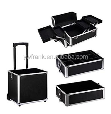 China Open Black Cosmetic Case Travel Organizer Mac Makeup Case Aluminum Makeup Trolley Luggage Trolley Case Black for sale