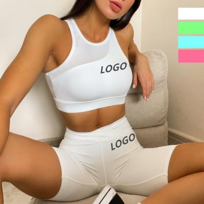 China Mesh Design Two Piece Breathable Custom Gym Sets Clothing Women Breathable Crewneck Sports Bra Pockets Pants Shorts Sportswear Yoga Set for sale