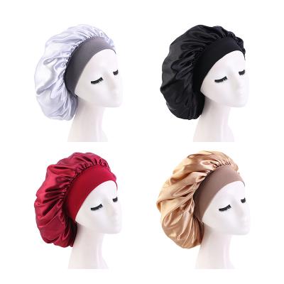 China Low MOQ Fashion Adjustable Satin Eco-friendly Double Layer Custom Made Women Shower Hat Sleeping Hair Bonnets Silk Hats With Logo for sale