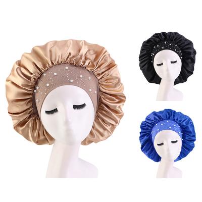 China Custom Eco-Friendly Frontal Hair Wrap Logo Double Lay Hoods Luxury Silk Satin Sleep Cap With Rhinestone for sale