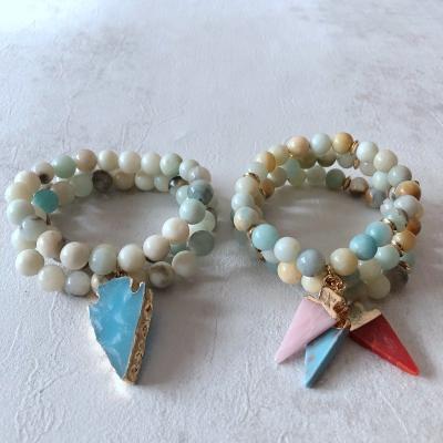 China Fashion Colorful Stone Beads Multi-Layer Bracelet Cool Stone Beads 3-Layer Arrow Rope Pendant Elastic Bracelet Bangle for sale