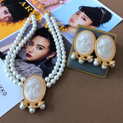 China Other Overseas Fashion And Trendy Statement Resin And Glass Bead Necklace Exaggerated Silver Needle Earring Set Real Gold Plating for sale