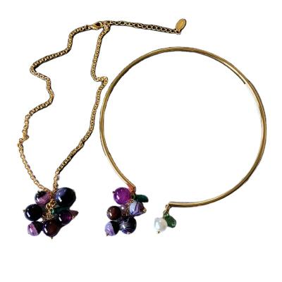 China Vintage M marking elegant fashion plated real gold short necklace purple stone round bead chain necklace C1 for sale