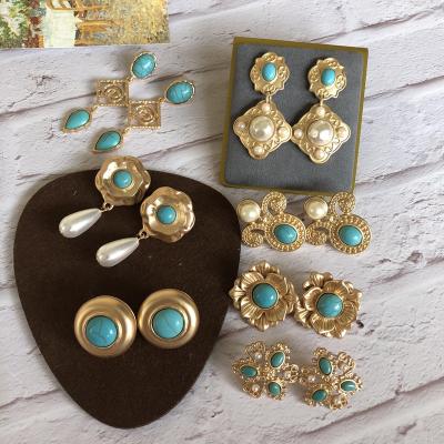 China Other 925 Medieval Silver Needle Earrings Cut Out Patterns Gold Earrings Turquoise Pearl Matte Earrings for sale