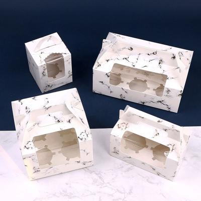 China 1 2 4 6 Hole Window Cupcake Recyclable Portable Marbling Clear Box With Handle Muffin Cake Packaging Boxes for sale